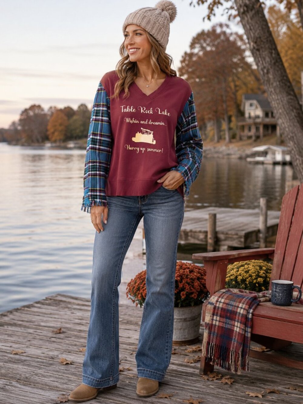 Upcycled Sweatshirt Flannel Oversized Table Rock Lake Pontoon Graphic Tee M-XL